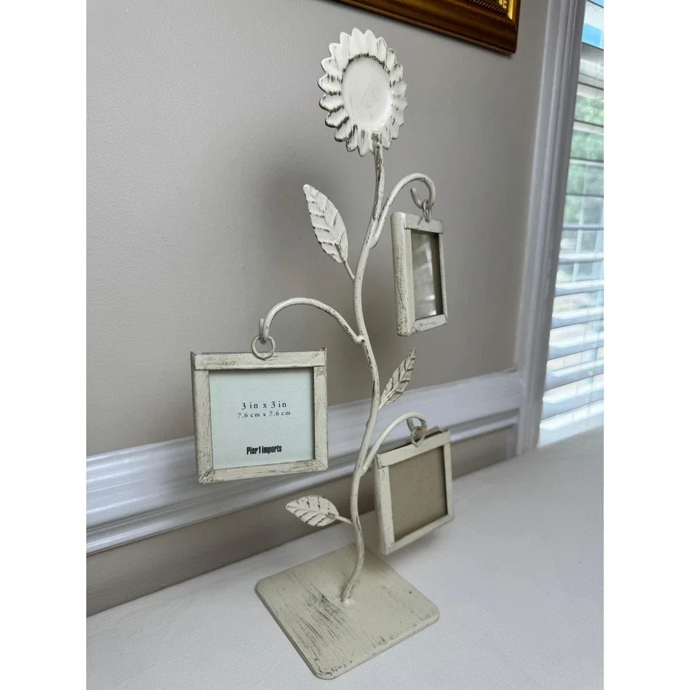 Pier 1 Imports Sunflower Photo‎ Tree Distressed White Metal 3 Frame Shabby Chic